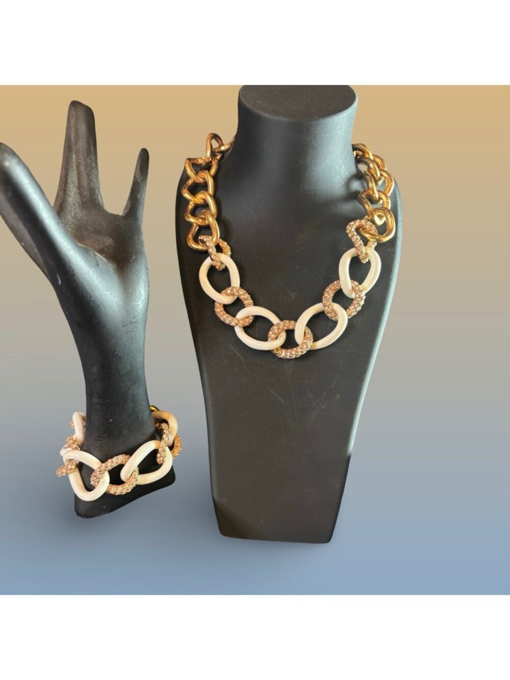 Joan Boyce Gold & White Enamel Rhinestone Chain Necklace & Bracelet Jewelry Set